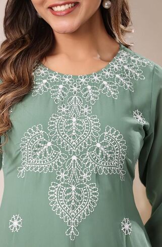 Janasya Indian Women's Georgette White Embroidered Casual Wear Kurta for Women in Saudi Arabia