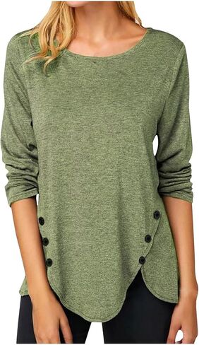 Womens Tops Round Neck Button Side Tunic Blouses Casual Long Sleeve Shirts Fall Fashion Pullover Top Y2k Sweater in Saudi Arabia