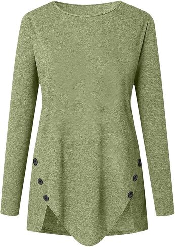 Womens Tops Round Neck Button Side Tunic Blouses Casual Long Sleeve Shirts Fall Fashion Pullover Top Y2k Sweater in Saudi Arabia