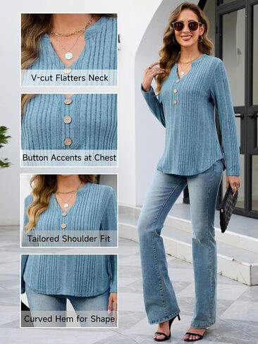 VUTRU Long Sleeve Top for Women Henley Shirts Tunic Sweater Knit Fall Casual V Neck Pullover Loose Fit Dressy with Leggings in Kuwait