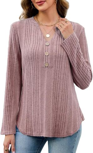 VUTRU Long Sleeve Top for Women Henley Shirts Tunic Sweater Knit Fall Casual V Neck Pullover Loose Fit Dressy with Leggings in Kuwait