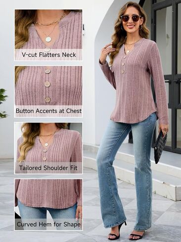 VUTRU Long Sleeve Top for Women Henley Shirts Tunic Sweater Knit Fall Casual V Neck Pullover Loose Fit Dressy with Leggings in Kuwait