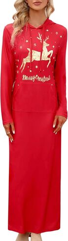 MISSKY Christmas Dresses for Women Long Sleeve Pullover Maxi Hoodie Dress Casual Christmas Print Hooded Dress with Pockets in Saudi Arabia