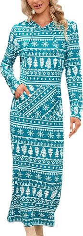 MISSKY Christmas Dresses for Women Long Sleeve Pullover Maxi Hoodie Dress Casual Christmas Print Hooded Dress with Pockets in Saudi Arabia