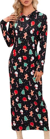 MISSKY Christmas Dresses for Women Long Sleeve Pullover Maxi Hoodie Dress Casual Christmas Print Hooded Dress with Pockets in Saudi Arabia