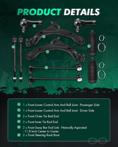 SCITOO 10pcs Front Suspension Kit Lower Control Arm with Ball Joint fit 2005-2010 for Chevy Cobalt 2007-2010 for Pontiac G5 Pursuit for Saturn Ion Outer Inner Tie Rod End w/Steering Boot Sway Bar Link in Saudi Arabia