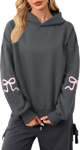 Womens Bow Print Hoodies Fleeced Oversized Hooded Sweatshirts Long Sleeve Cute Graphic Drop Shoulder Pullover Tops in Saudi Arabia