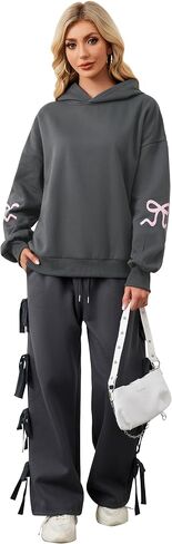 Womens Bow Print Hoodies Fleeced Oversized Hooded Sweatshirts Long Sleeve Cute Graphic Drop Shoulder Pullover Tops in Saudi Arabia