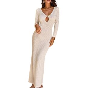 GORGLITTER Women's Crochet Long Sleeve Bodycon Maxi Dresses Metal Cut Out V Neck Fall Lightweight Sweater Knit Dress in Saudi Arabia