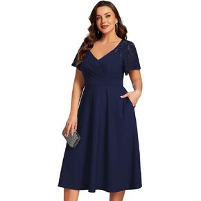 فساتين حفلات الكوكتيل متوسطة الطول بأكمام قصيرة ورقبة على شكل V من Ever-Pretty Plus للسيدات مع جيوب 02334-DA in Kuwait