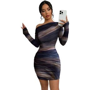 Women's Sexy Off The Shoulder Bodycon Mini Dress Tie Dye Long Sleeve Ruched Asymmetrical Club Dresses in Saudi Arabia