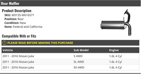 Rear Muffler - Compatible with 2011-2016 Nissan Juke AWD 1.6L 4-Cylinder in Saudi Arabia