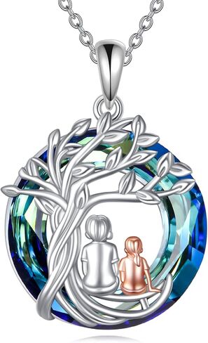 Tree of Life Necklace Sterling Silver Sister Pendant Blue Crystal Jewelry Gift for Women in Saudi Arabia