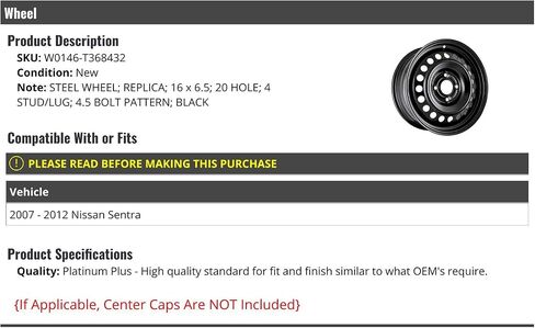 Steel Wheel - Black - 16 x 6.5 Inch - 4 Lug - 20 Hole - Compatible with 2007-2012 Nissan Sentra in Saudi Arabia