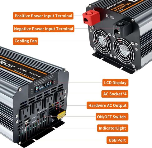 5000 watt Power Inverter DC 12V to AC 110V/120V Converter,10000w Peak.Comes with LCD Display,Wireless Controller, 4AC outlets,1USB.RV Inverter,Suitable for Camping,and Off-Grid Solar Inverter Systems in Kuwait