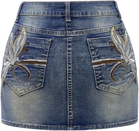 تنورة MakeMeChic النسائية Y2k من قماش الدنيم مطرزة على شكل فراشة، تنانير جينز قصيرة قابلة للتمدد in Kuwait