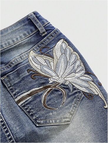 تنورة MakeMeChic النسائية Y2k من قماش الدنيم مطرزة على شكل فراشة، تنانير جينز قصيرة قابلة للتمدد in Kuwait