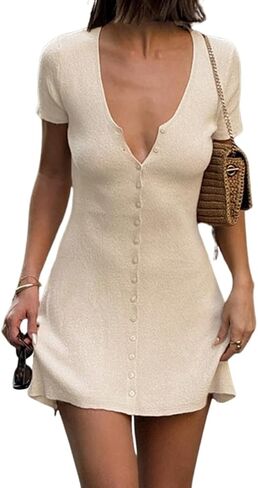 Women Elegant Button Down A-Line Knit Mini Dress V Neck Short Sleeve Solid Fit Flare Ribbed Knit Short Dress in Saudi Arabia