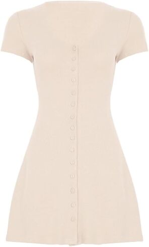 Women Elegant Button Down A-Line Knit Mini Dress V Neck Short Sleeve Solid Fit Flare Ribbed Knit Short Dress in Saudi Arabia