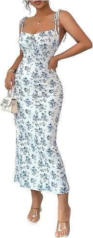 GORGLITTER Women's Floral Fishtail Midi Dresses Tie Shoulder Spaghetti Strap Summer Casual Vacation Beach Sun Dresses in Saudi Arabia