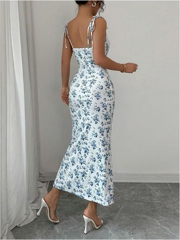 GORGLITTER Women's Floral Fishtail Midi Dresses Tie Shoulder Spaghetti Strap Summer Casual Vacation Beach Sun Dresses in Saudi Arabia