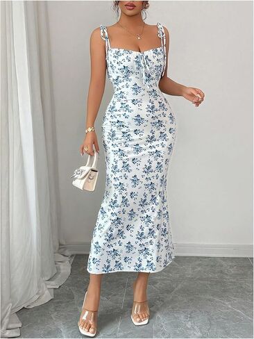GORGLITTER Women's Floral Fishtail Midi Dresses Tie Shoulder Spaghetti Strap Summer Casual Vacation Beach Sun Dresses in Saudi Arabia