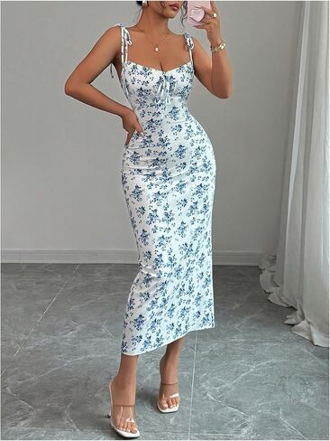 GORGLITTER Women's Floral Fishtail Midi Dresses Tie Shoulder Spaghetti Strap Summer Casual Vacation Beach Sun Dresses in Saudi Arabia