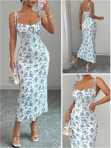 GORGLITTER Women's Floral Fishtail Midi Dresses Tie Shoulder Spaghetti Strap Summer Casual Vacation Beach Sun Dresses in Saudi Arabia