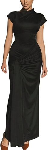SKAYS المرأة 2025 التعادل الظهر ماكسي فستان طويل الرقبة العالية قصيرة الأكمام Ruched Bodycon كوكتيل الزفاف ضيف فستان أنيق in Saudi Arabia