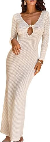 GORGLITTER Women's Crochet Long Sleeve Bodycon Maxi Dresses Metal Cut Out V Neck Fall Lightweight Sweater Knit Dress in Saudi Arabia