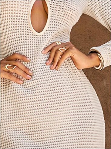 GORGLITTER Women's Crochet Long Sleeve Bodycon Maxi Dresses Metal Cut Out V Neck Fall Lightweight Sweater Knit Dress in Saudi Arabia