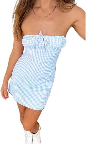 Women Y2K Gingham Mini Dress Fairy Sleeveless Strapless Plaid Tube Top Bodycon Dress Party Cocktail Dress Clubwear in Saudi Arabia