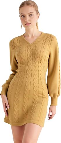Women’s Cable Knit Sweater Dress Long Sleeve V Neck Slim Fit Pullover Warm Cozy Fall Winter Knitwear Outfits in Saudi Arabia