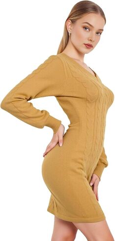 Women’s Cable Knit Sweater Dress Long Sleeve V Neck Slim Fit Pullover Warm Cozy Fall Winter Knitwear Outfits in Saudi Arabia