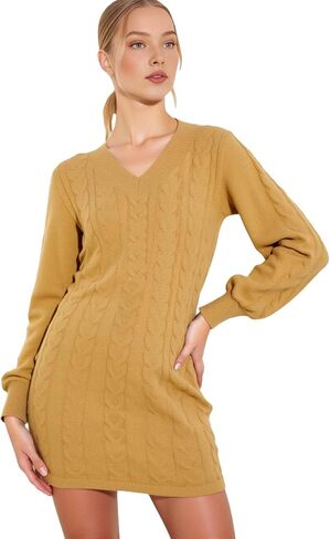 Women’s Cable Knit Sweater Dress Long Sleeve V Neck Slim Fit Pullover Warm Cozy Fall Winter Knitwear Outfits in Saudi Arabia