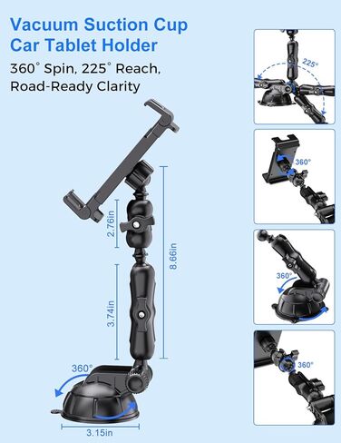 PLDHPRO Tablet Holder for Car Dashboard & Windshield, Universal iPad Car Mount Suction Cup Stand for 5.1'' - 15.6'' Phones & Tablets Compatible with iPhone 16/15/14, iPad, Galaxy Tab, Android Tablets in Kuwait