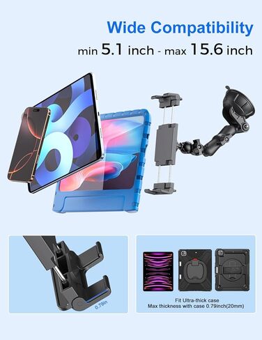 PLDHPRO Tablet Holder for Car Dashboard & Windshield, Universal iPad Car Mount Suction Cup Stand for 5.1'' - 15.6'' Phones & Tablets Compatible with iPhone 16/15/14, iPad, Galaxy Tab, Android Tablets in Kuwait