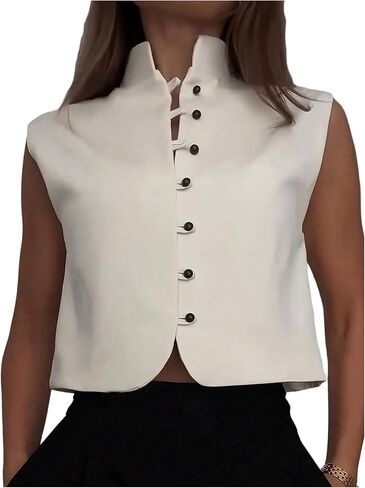 GORGLITTER Women's Button Up Vest Tank Top Mock Neck Sleeveless Button Down Fashion Business Crop Jacket in Saudi Arabia