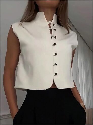 GORGLITTER Women's Button Up Vest Tank Top Mock Neck Sleeveless Button Down Fashion Business Crop Jacket in Saudi Arabia