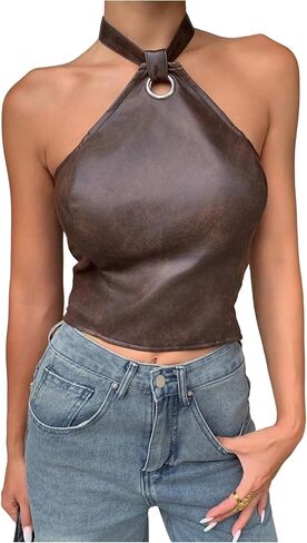 MakeMeChic Women's Faux Leather Halter Crop Tops Tie Open Back Party Tank Clubwear in Saudi Arabia
