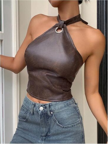 MakeMeChic Women's Faux Leather Halter Crop Tops Tie Open Back Party Tank Clubwear in Saudi Arabia