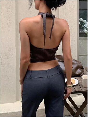 MakeMeChic Women's Faux Leather Halter Crop Tops Tie Open Back Party Tank Clubwear in Saudi Arabia