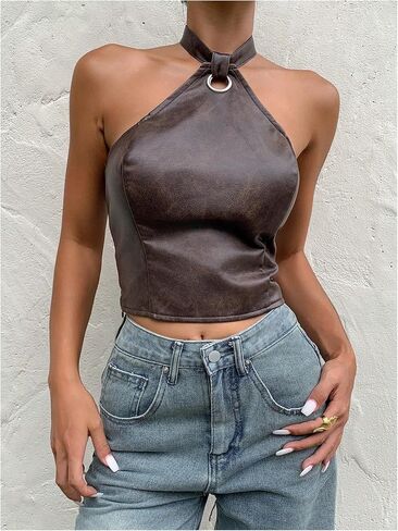 MakeMeChic Women's Faux Leather Halter Crop Tops Tie Open Back Party Tank Clubwear in Saudi Arabia