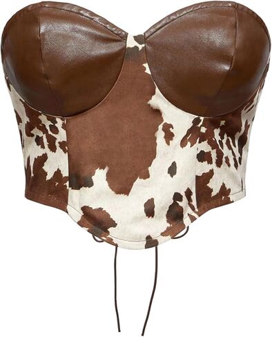 Floerns Women's Plus Size Cow Print Strapless Tube Top Hippie Cowboy Lace Up Bandeau Crop Tops in Saudi Arabia