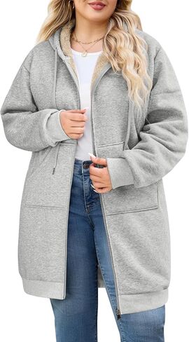 Women's Plus Size Long Hoodie Winter Warm Fleece Jacket Casual Zip up Soft Sherpa Sweatshirt with Pockets in Kuwait