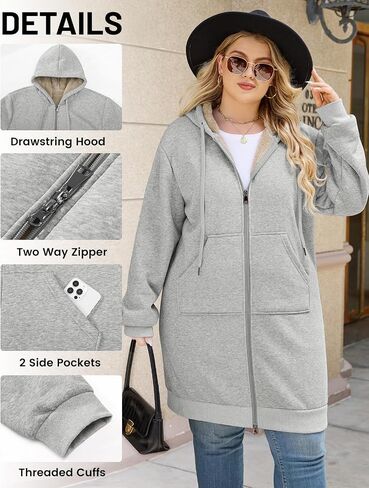 Women's Plus Size Long Hoodie Winter Warm Fleece Jacket Casual Zip up Soft Sherpa Sweatshirt with Pockets in Kuwait