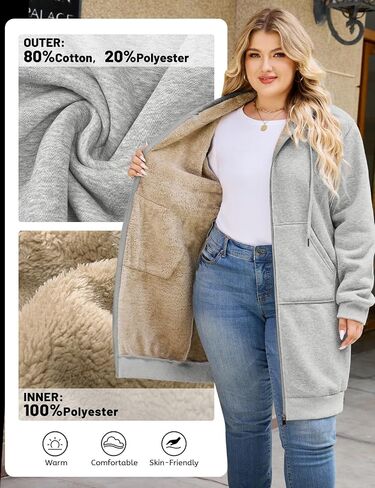 Women's Plus Size Long Hoodie Winter Warm Fleece Jacket Casual Zip up Soft Sherpa Sweatshirt with Pockets in Kuwait