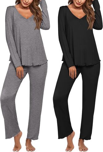 Ekouaer Womens 2 Pack Pajama Set Long Sleeve Pajamas Top and Pants V Neck Pjs Set Soft Sleepwear Loungewear S-XXL in Saudi Arabia