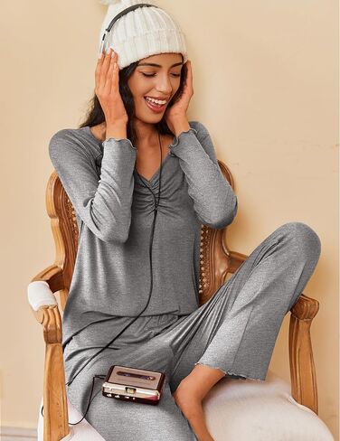 Ekouaer Womens 2 Pack Pajama Set Long Sleeve Pajamas Top and Pants V Neck Pjs Set Soft Sleepwear Loungewear S-XXL in Saudi Arabia