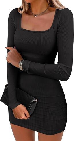 ANRABESS Womens Long Sleeve Bodycon Mini Dress 2025 Fall Ruched Square Neck Slim Fit Rib Knit Club Short Cocktail Dresses in Saudi Arabia
